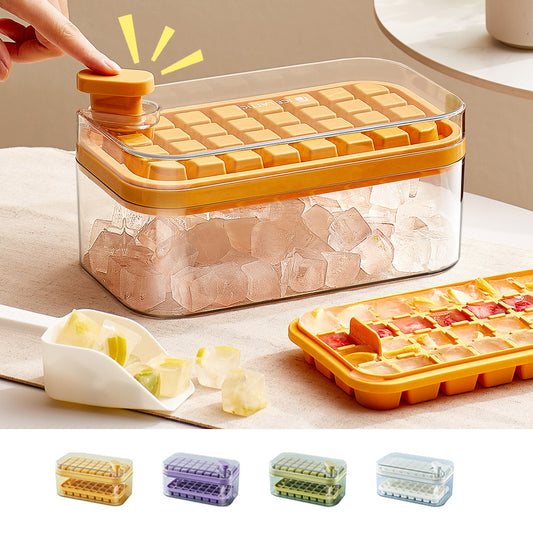 Caja de moldes de hielo tipo prensa de un botón, fábrica de cubos de hielo, molde de bandeja de hielo con caja de almacenamiento con tapa, barra, accesorios de cocina