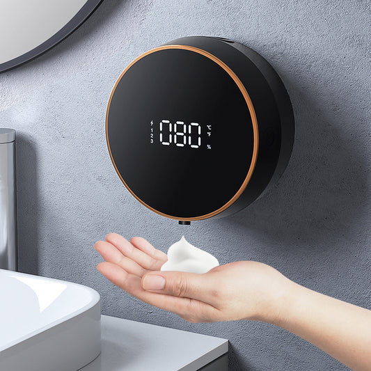 Dispensador de jabón en espuma montado en la pared, dispensador automático de jabón en espuma de 300 ML con sensor sin contacto, recargable por USB, pantalla de temperatura.